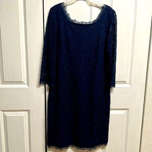 Joseph H Ribkoff Dark Blue Mid Sleeve V Back Lace Dress Size XXL